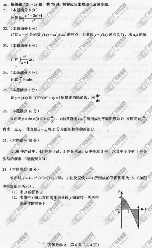 河南省成人高考2014年统一考试专升本高等数学真题A卷
