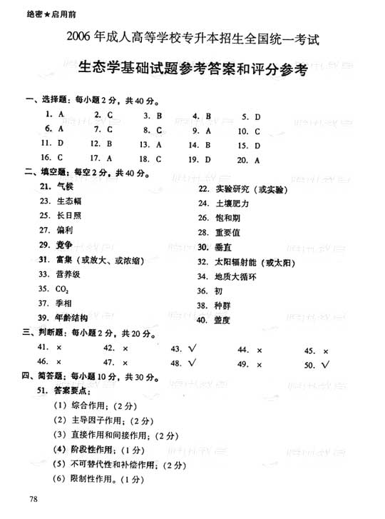 2006年成人高考专升本生态学基础试题及答案(图6) 2006年成人高考专升本生态学基础试题及答案(图6)